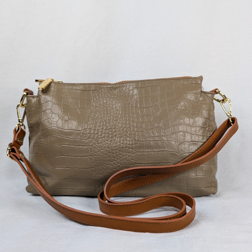 VALENTINA Italian Leather Croc Embossed Crossbody Bag Taupe Made in Italy